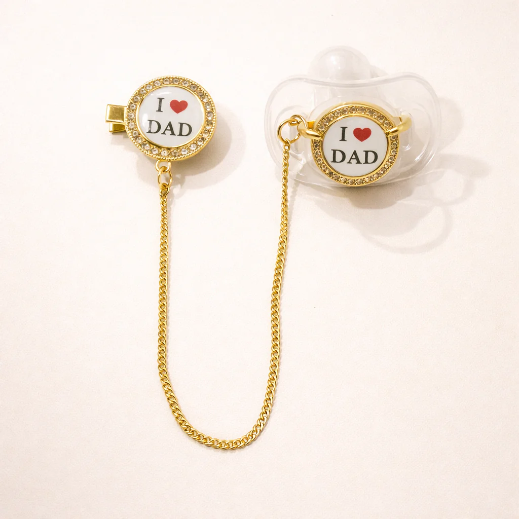 Baby Golden Pacifier With Chain I Love Dad - Sunshine