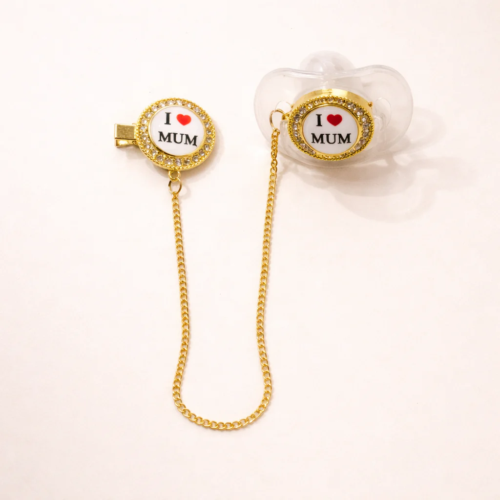 Baby Golden Pacifier With Chain I Love Mum - Sunshine
