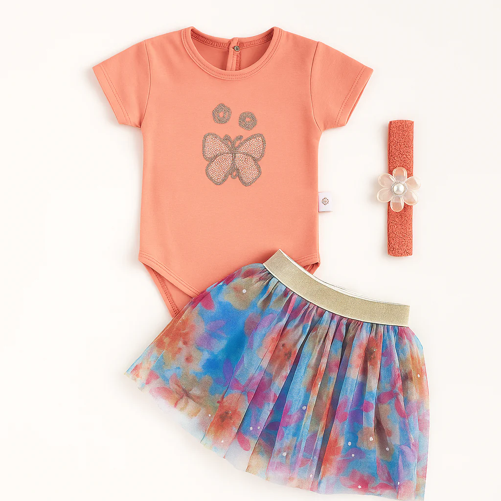 Baby Half-Sleeves Bodysuit Frock & Headband Set Peach - Sunshine