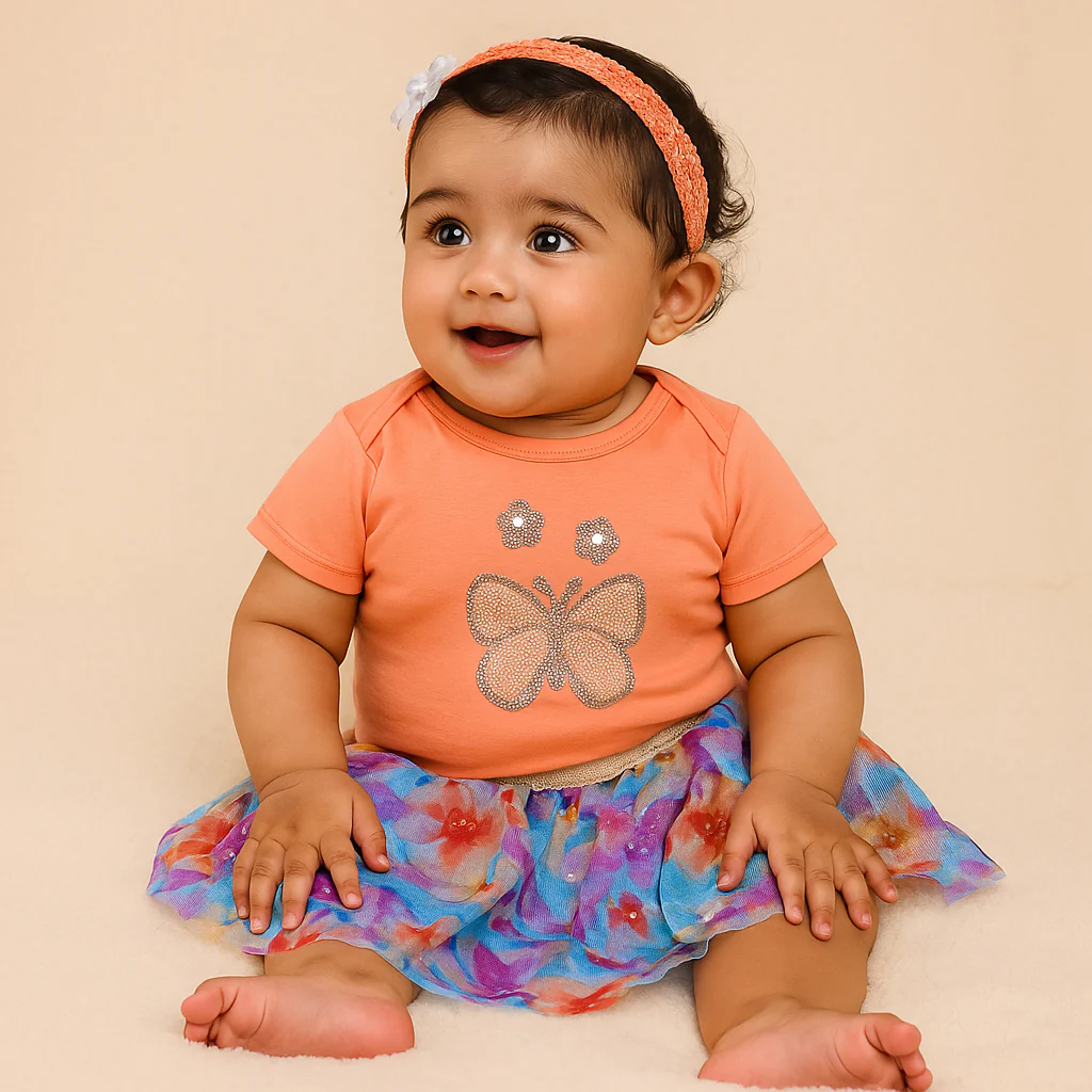 Baby Half-Sleeves Bodysuit Frock & Headband Set Peach - Sunshine - Image 2
