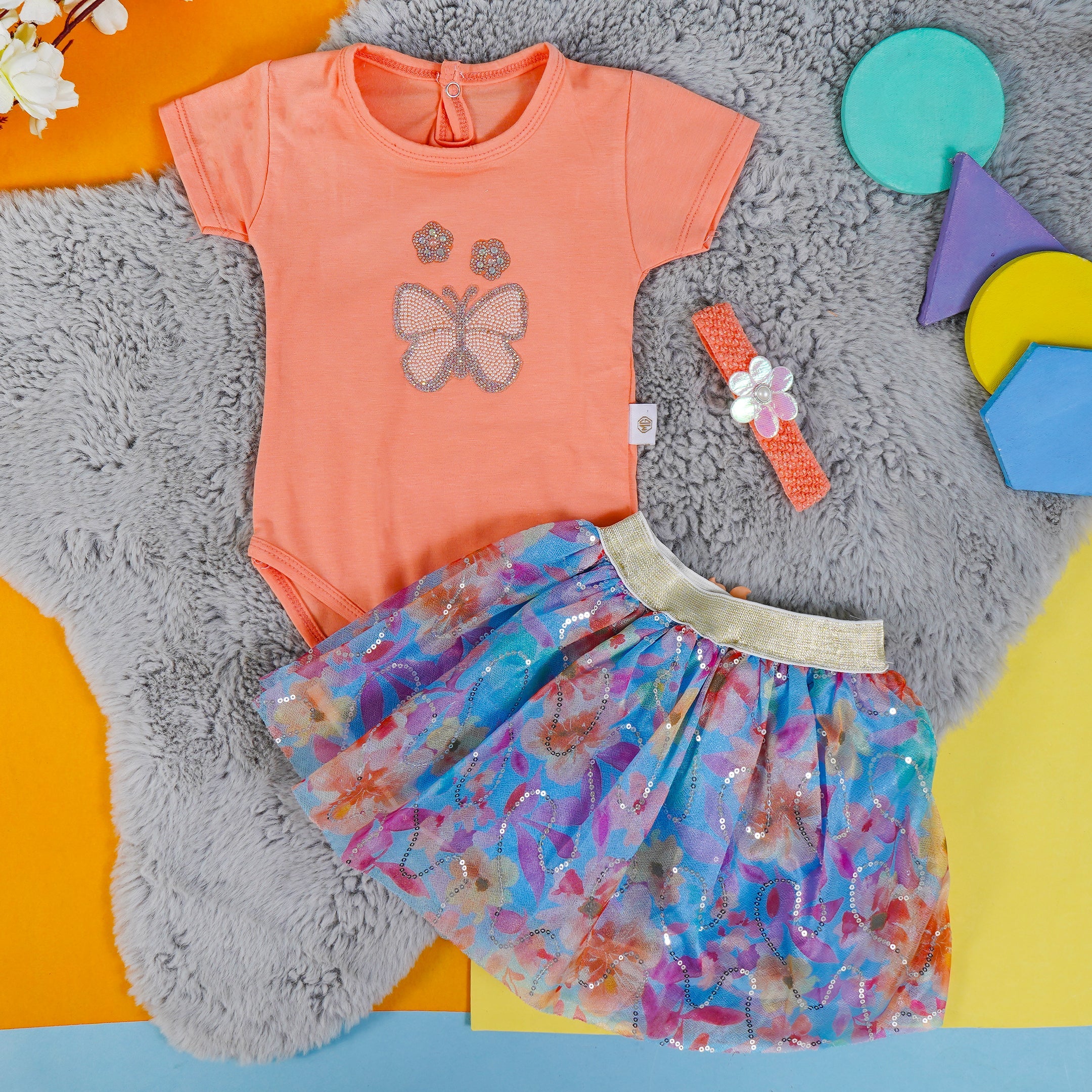 Baby Half-Sleeves Bodysuit Frock & Headband Set Peach - Sunshine - Image 4