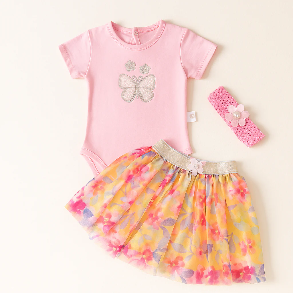 Baby Half-Sleeves Bodysuit Frock & Headband Set Pink - Sunshine
