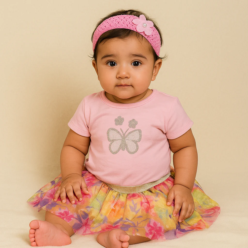 Baby Half-Sleeves Bodysuit Frock & Headband Set Pink - Sunshine - Image 2