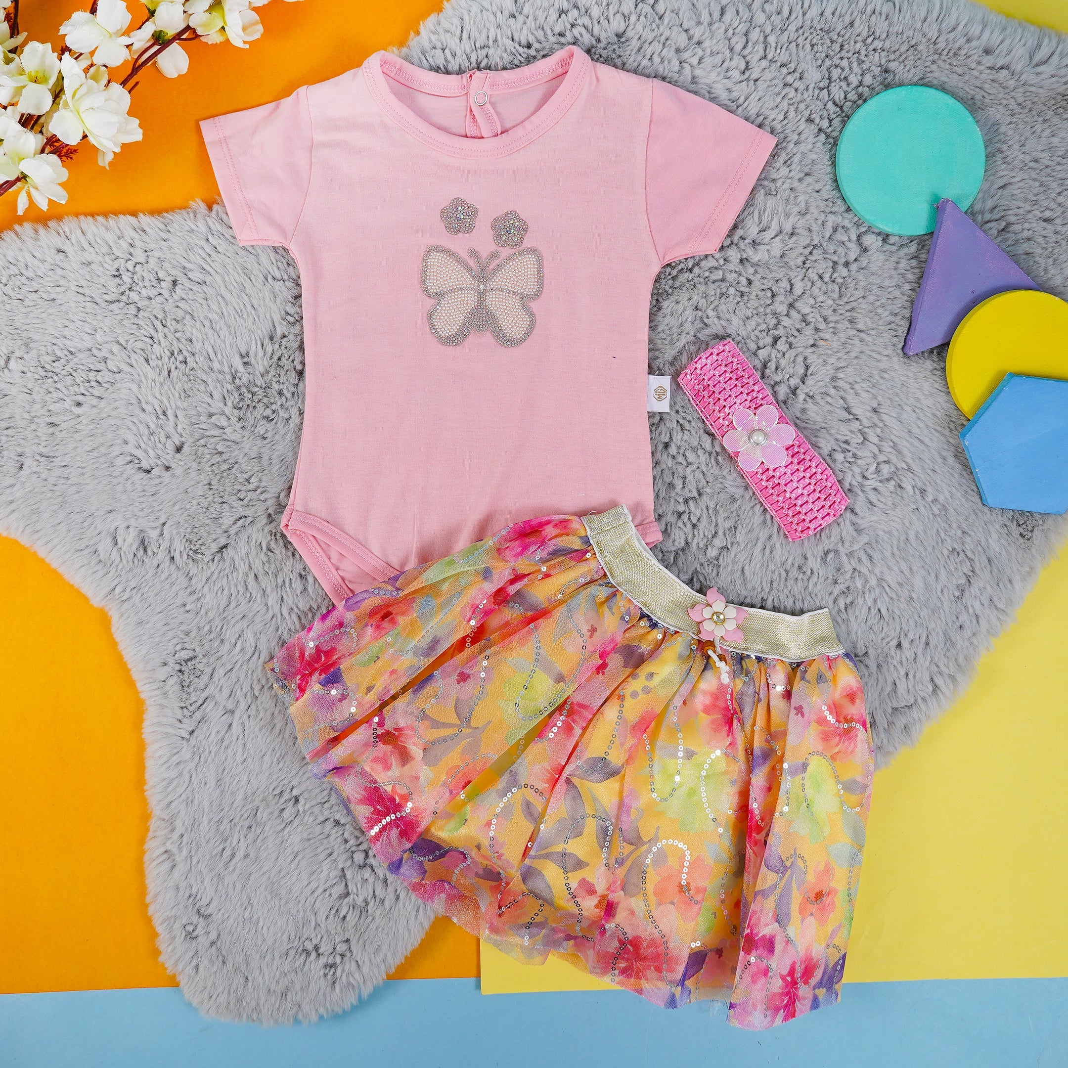 Baby Half-Sleeves Bodysuit Frock & Headband Set Pink - Sunshine - Image 4