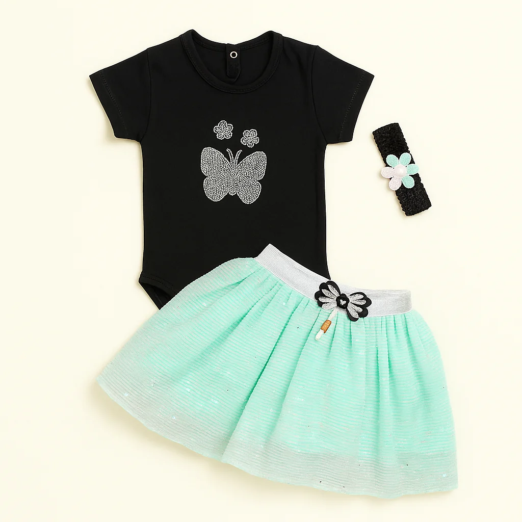 Baby Half-Sleeves Bodysuit Frock & Headband Set Sea Green - Sunshine