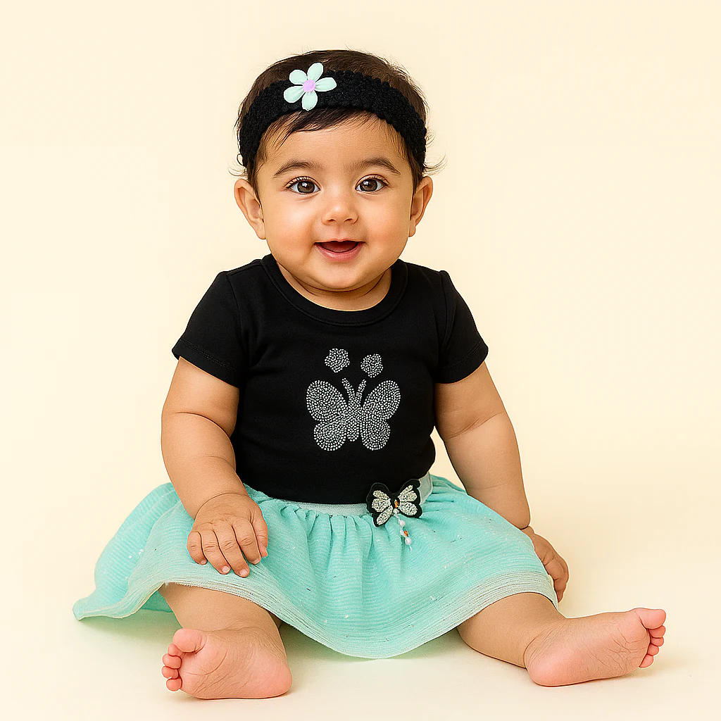 Baby Half-Sleeves Bodysuit Frock & Headband Set Sea Green - Sunshine - Image 2