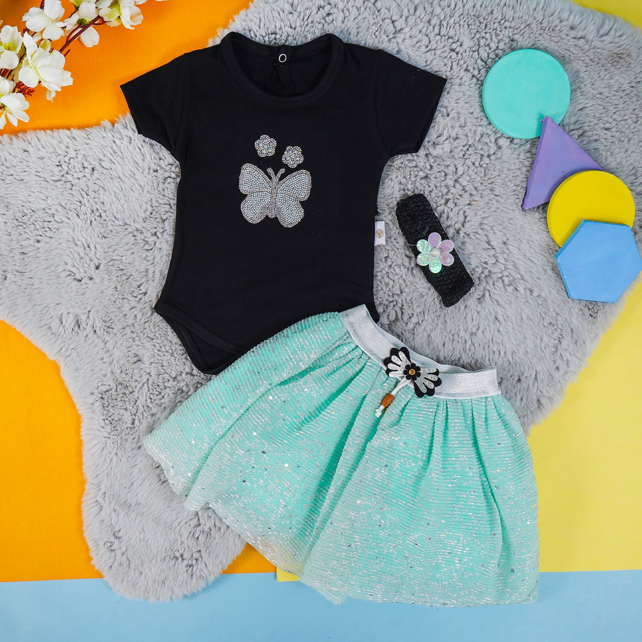 Baby Half-Sleeves Bodysuit Frock & Headband Set Sea Green - Sunshine - Image 4