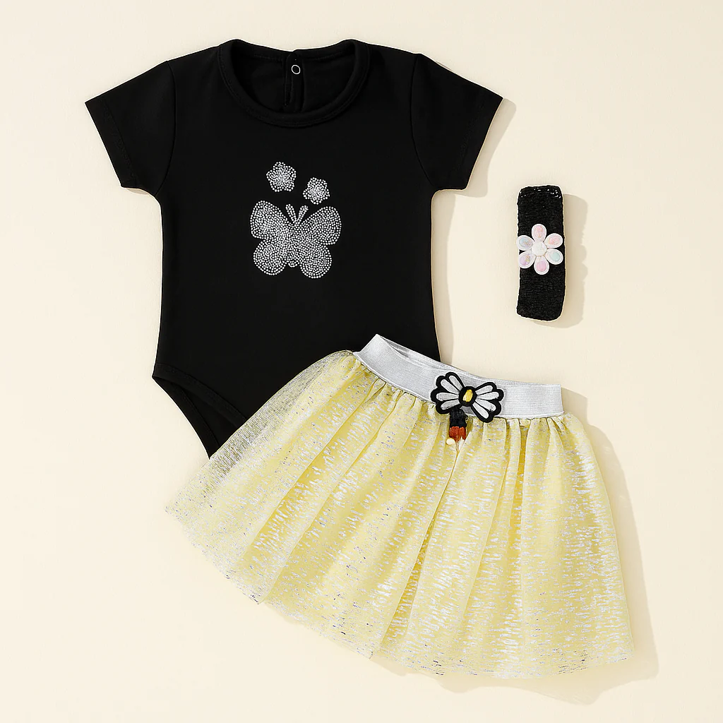 Baby Half-Sleeves Bodysuit Frock & Headband Set Yellow - Sunshine