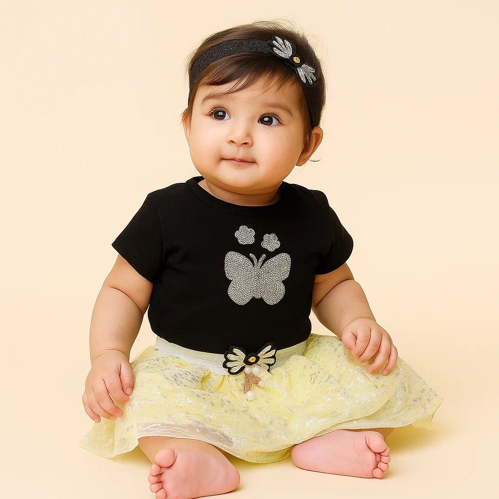 Baby Half-Sleeves Bodysuit Frock & Headband Set Yellow - Sunshine - Image 2