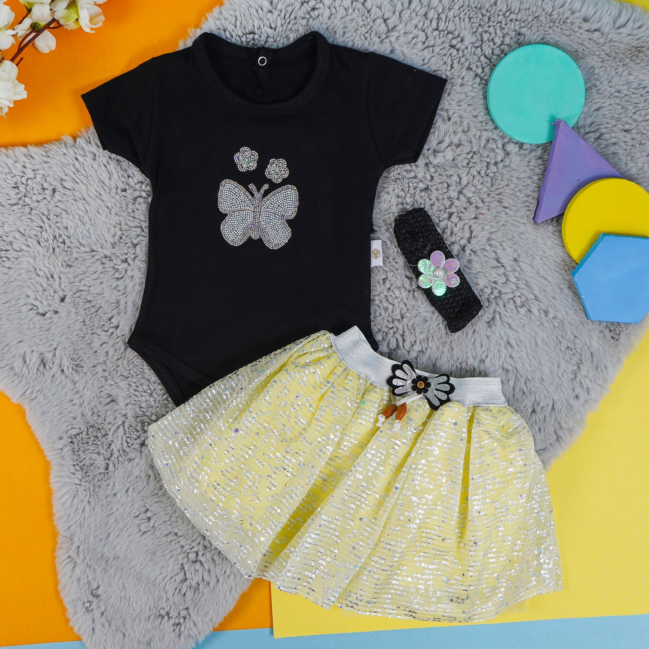 Baby Half-Sleeves Bodysuit Frock & Headband Set Yellow - Sunshine - Image 4