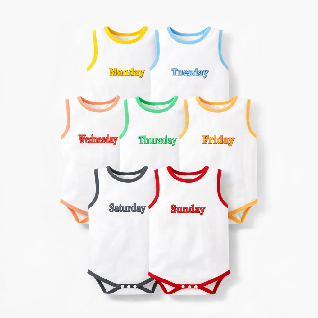 Baby Half Sleeves Bodysuit Pack Of 7 Week Days White - Sunshine