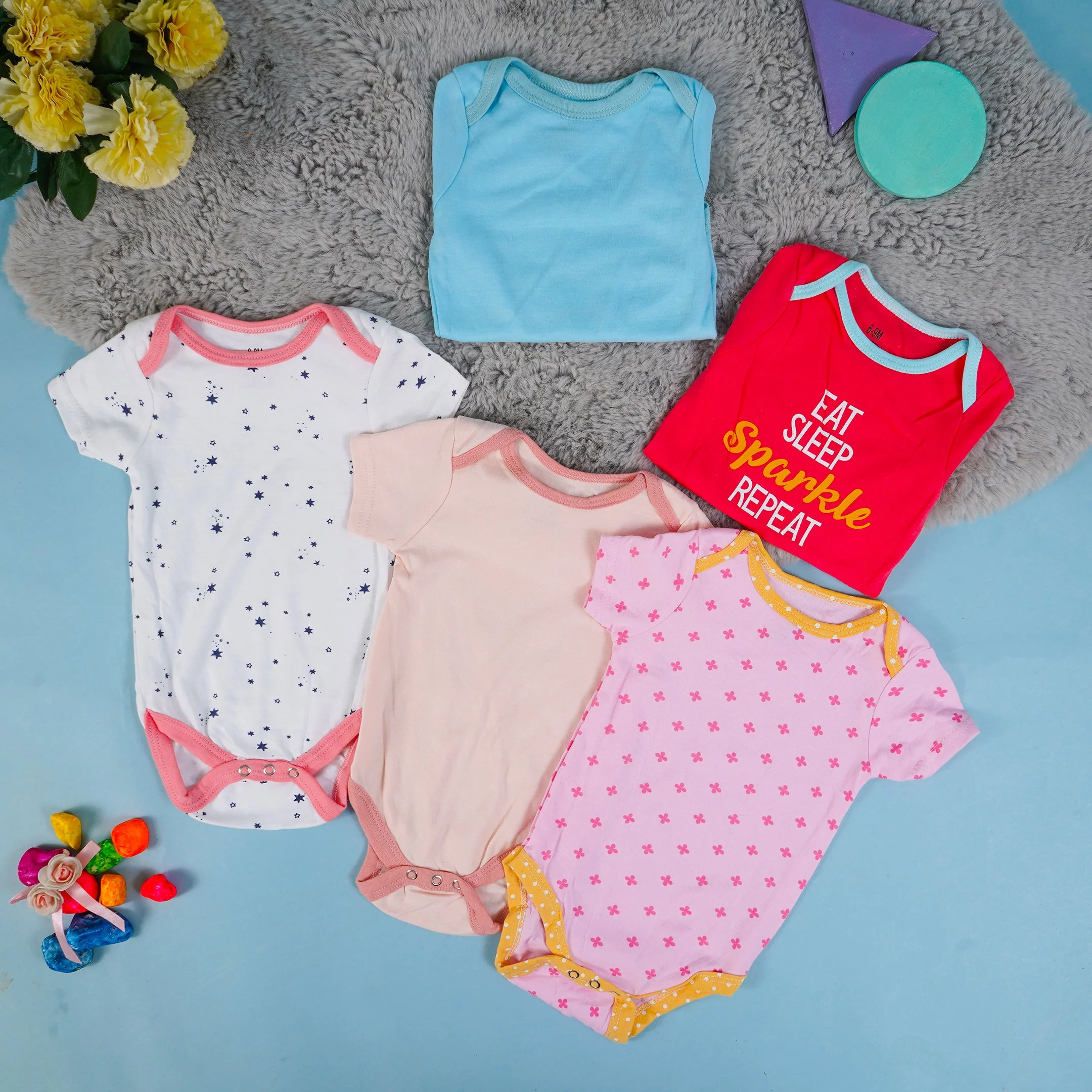 Baby Half-Sleeves Cotton Bodysuit Pack Of 5 Eat Sleep Sparkle Repeat (6-9 Months) - Sunshine