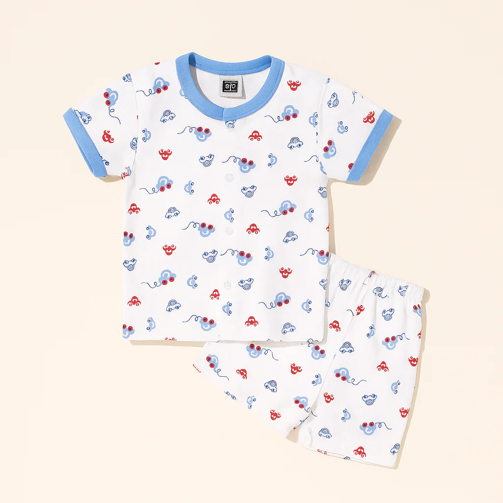 Baby Half-Sleeves Cotton Sleepsuit Cars Blue - Sunshine