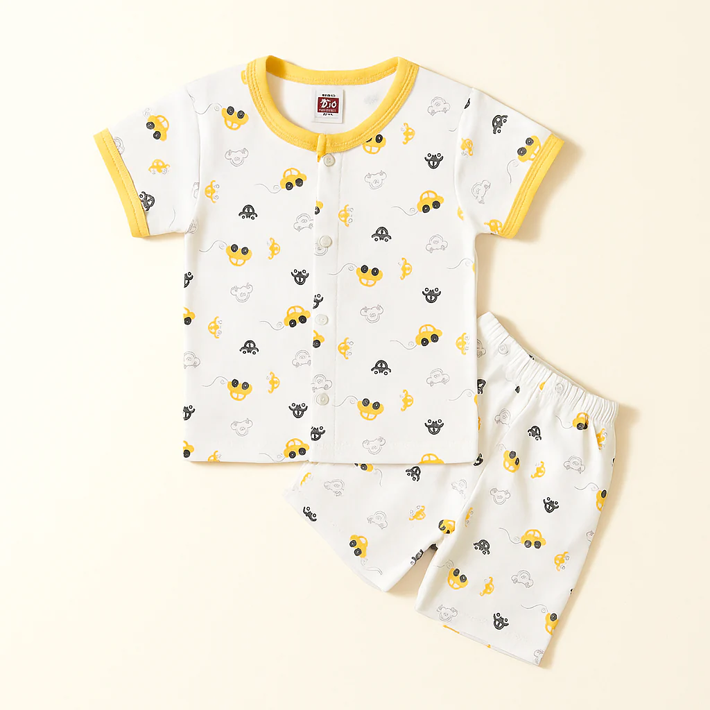 Baby Half-Sleeves Cotton Sleepsuit Cars Yellow - Sunshine