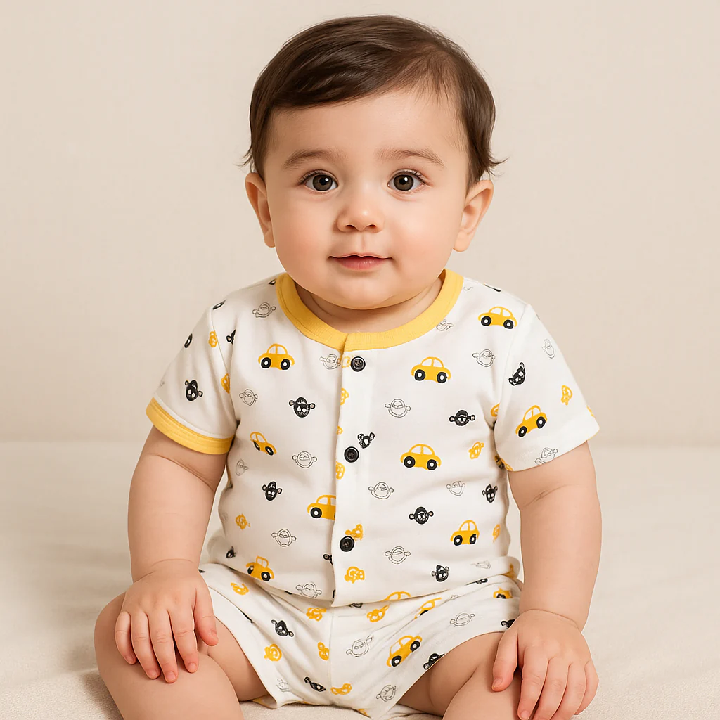 Baby Half-Sleeves Cotton Sleepsuit Cars Yellow - Sunshine - Image 2