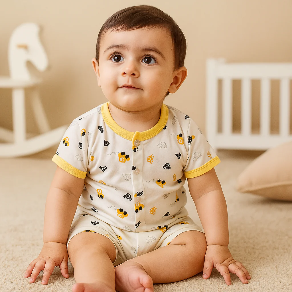 Baby Half-Sleeves Cotton Sleepsuit Cars Yellow - Sunshine - Image 3