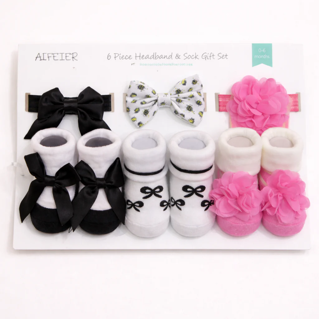 Baby Headband & Socks 6Pcs Set Bow Black - Sunshine