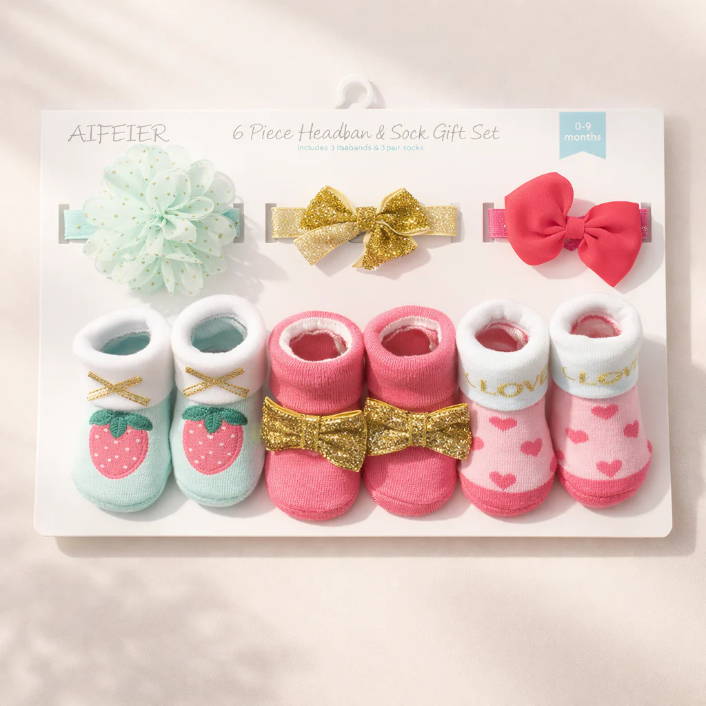 Baby Headband & Socks 6Pcs Set Bow Strawbery Pink - Sunshine