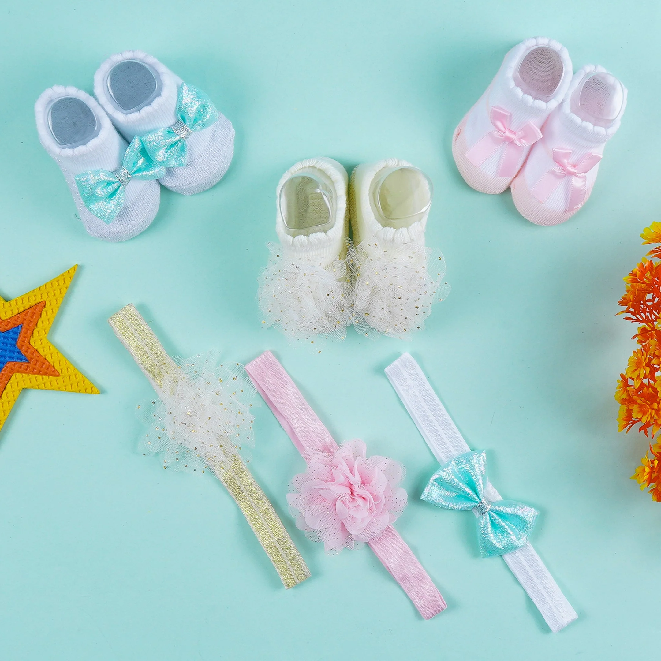 Baby Headband & Socks 6Pcs Set Flowers & Bow Sea Green - Sunshine