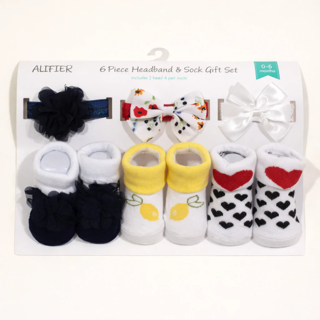 Baby Headband & Socks 6Pcs Set Heart White - Sunshine