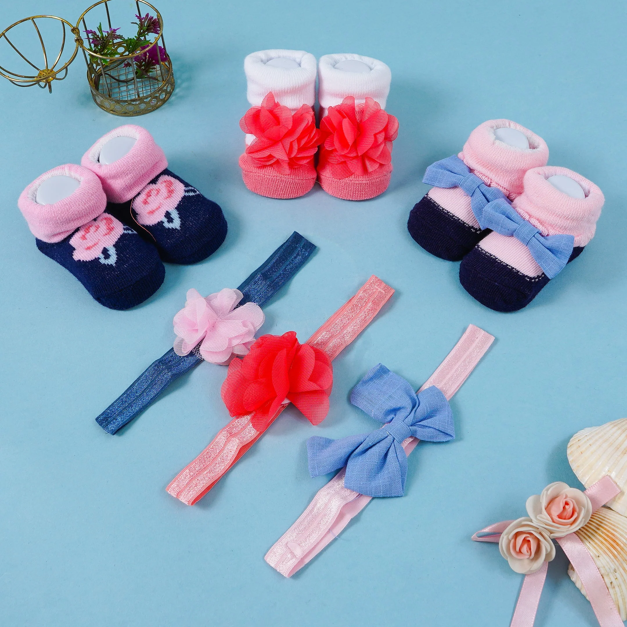 Baby Headband & Socks 6Pcs Set Peach & Navy Blue - Sunshine