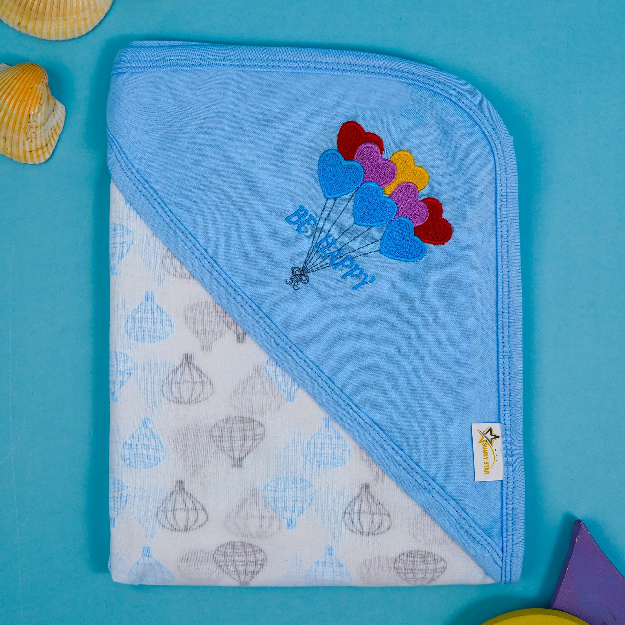 Baby Hooded Cotton Wrapping Sheet Be Happy Air Balloon Blue (34In X 36In) - Sunshine
