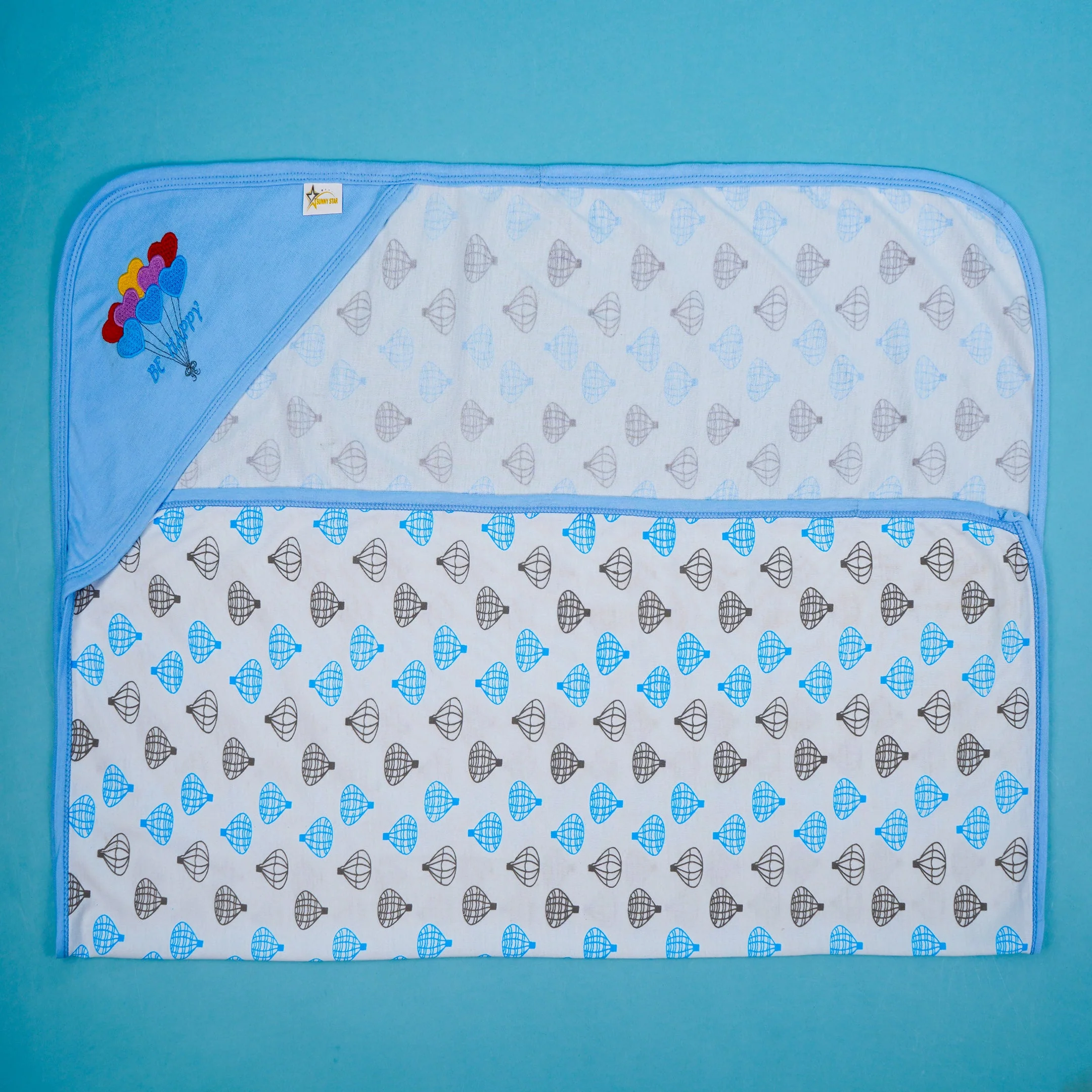 Baby Hooded Cotton Wrapping Sheet Be Happy Air Balloon Blue (34In X 36In) - Sunshine - Image 2