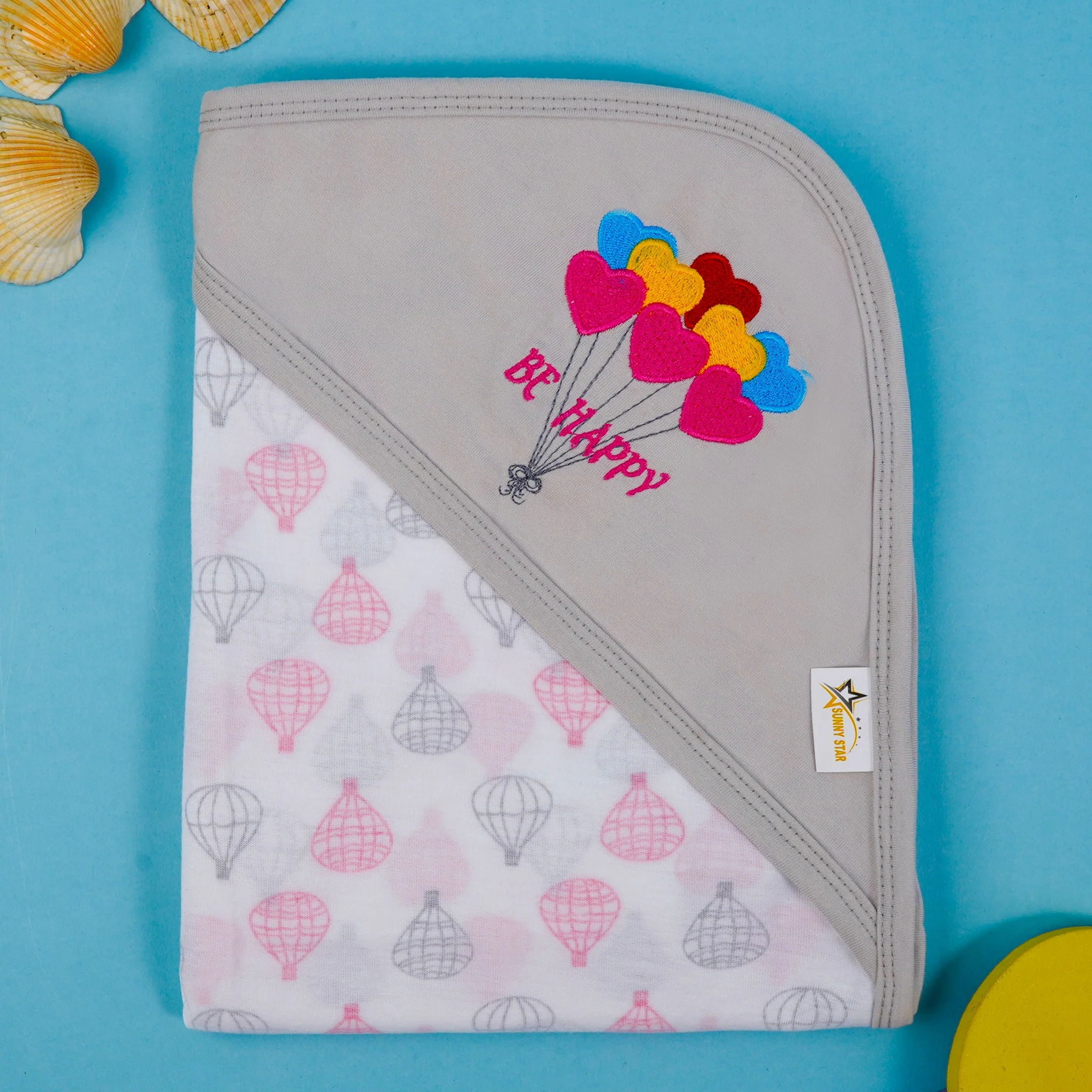 Baby Hooded Cotton Wrapping Sheet Be Happy Air Balloon Grey(34In X 36In) - Sunshine