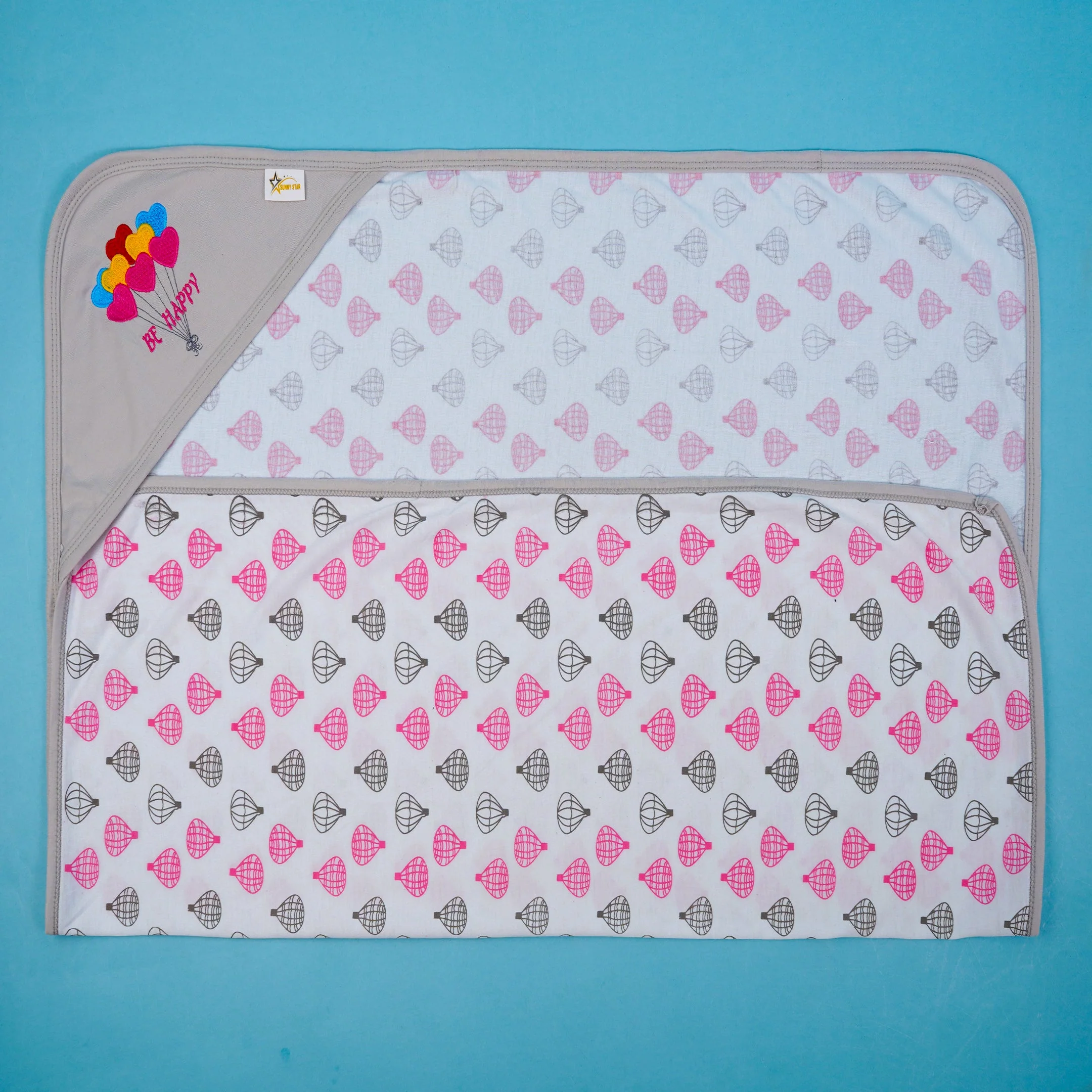 Baby Hooded Cotton Wrapping Sheet Be Happy Air Balloon Grey(34In X 36In) - Sunshine - Image 2