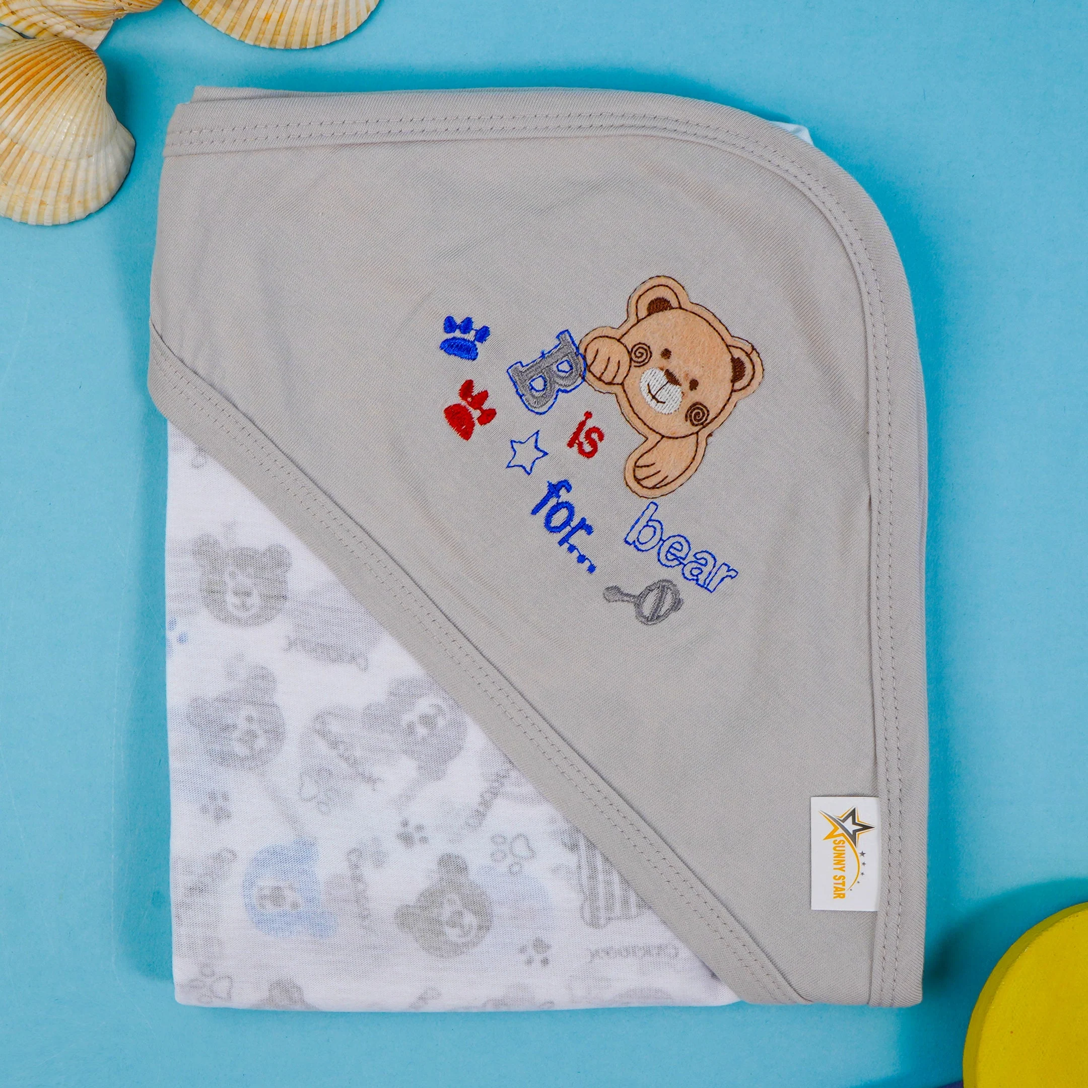 Baby Hooded Cotton Wrapping Sheet Bear Grey - Sunshine