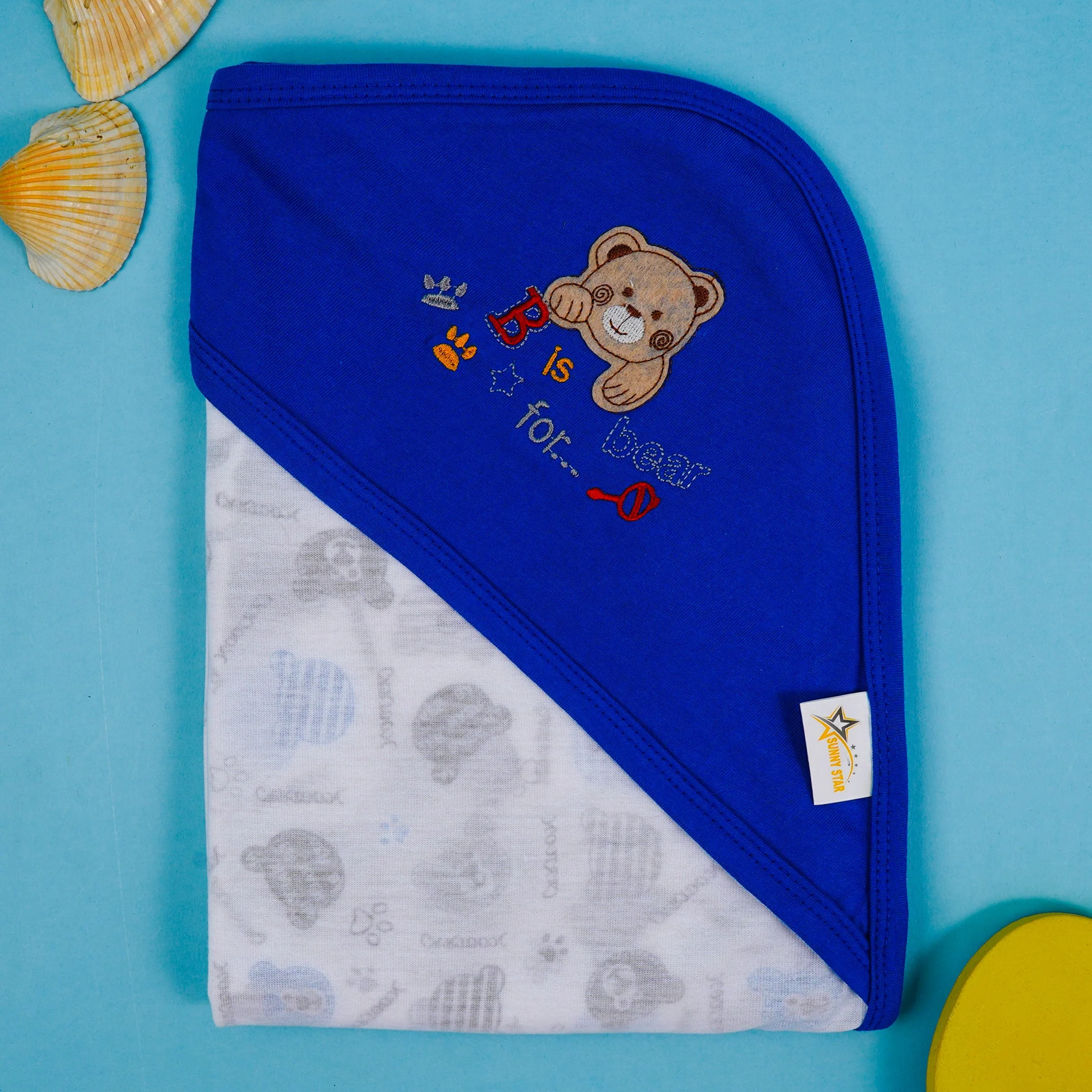 Baby Hooded Cotton Wrapping Sheet Bear Royal Blue - Sunshine