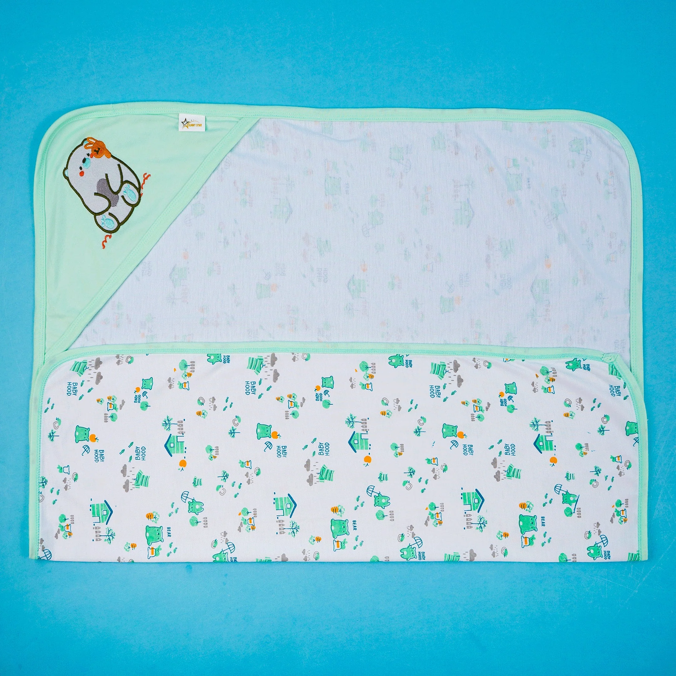 Baby Hooded Cotton Wrapping Sheet Snow Bear Green (34In X 36In) - Sunshine - Image 2