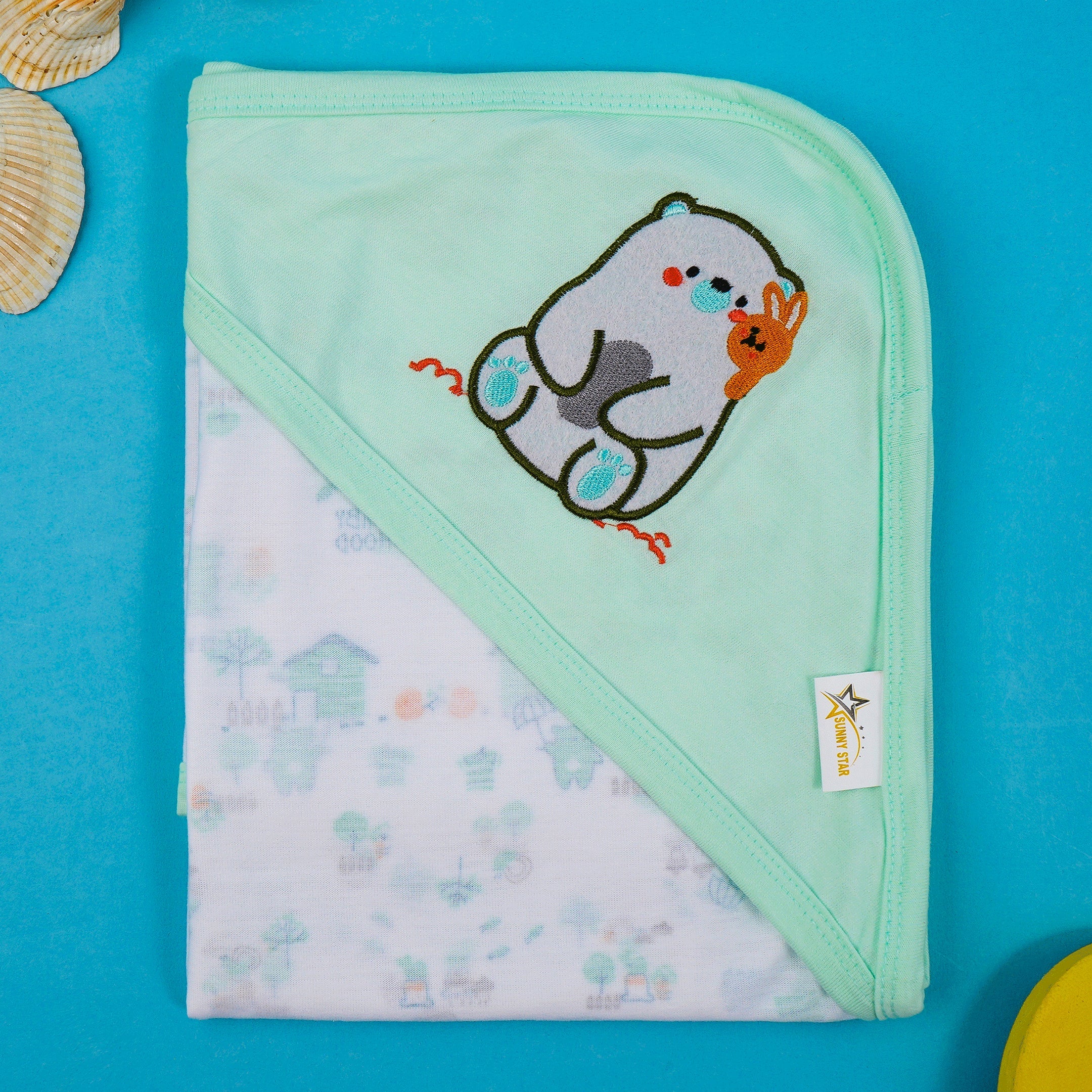 Baby Hooded Cotton Wrapping Sheet Snow Bear Green - Sunshine