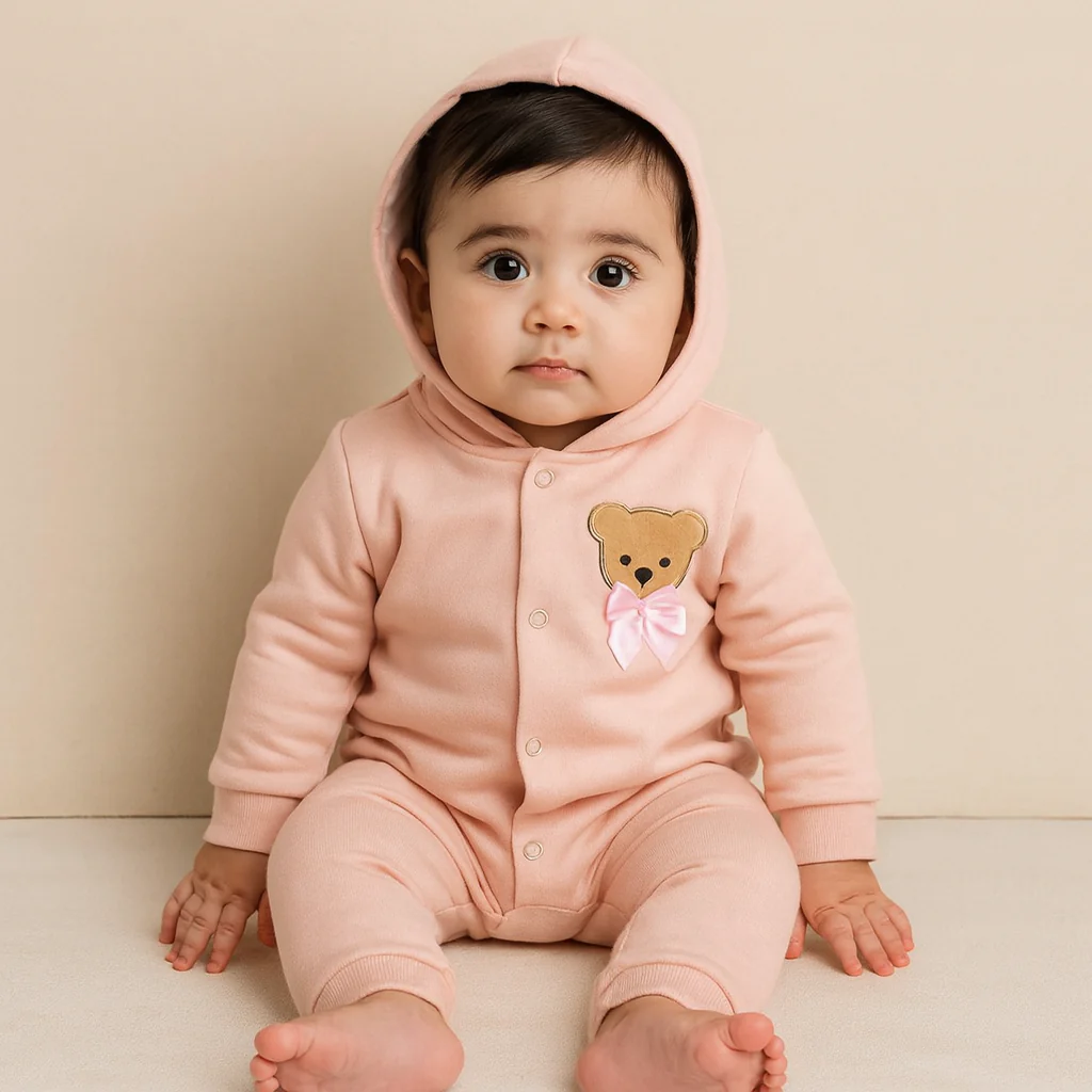 Baby Hooded Fleece Romper Bear Baby Pink - Oolaa - Image 2
