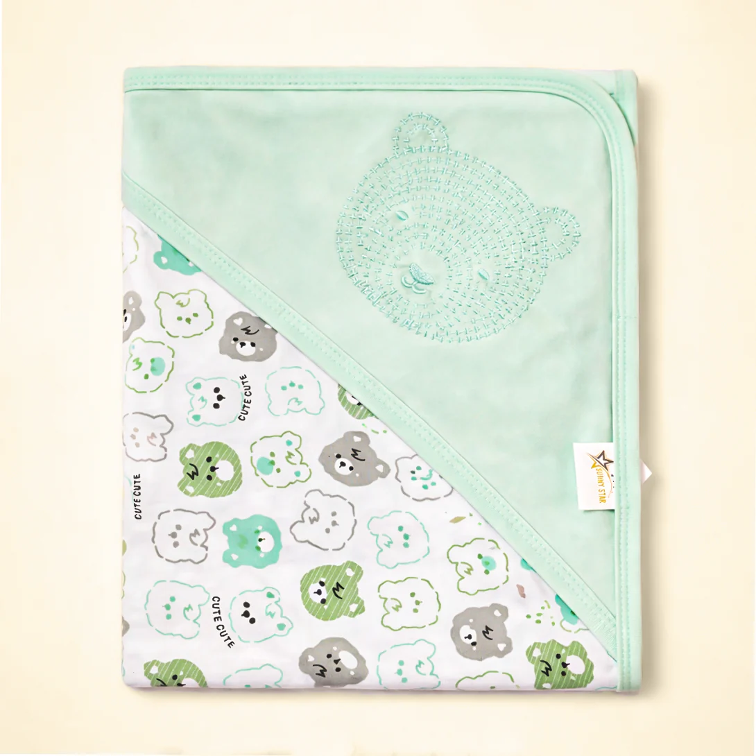 Baby Hooded Wrapping Sheet Bear Green (34 X 36In) - Sunshine