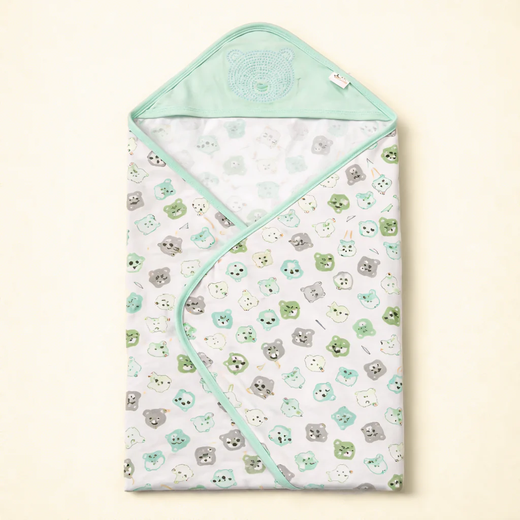 Baby Hooded Wrapping Sheet Bear Green (34 X 36In) - Sunshine - Image 2
