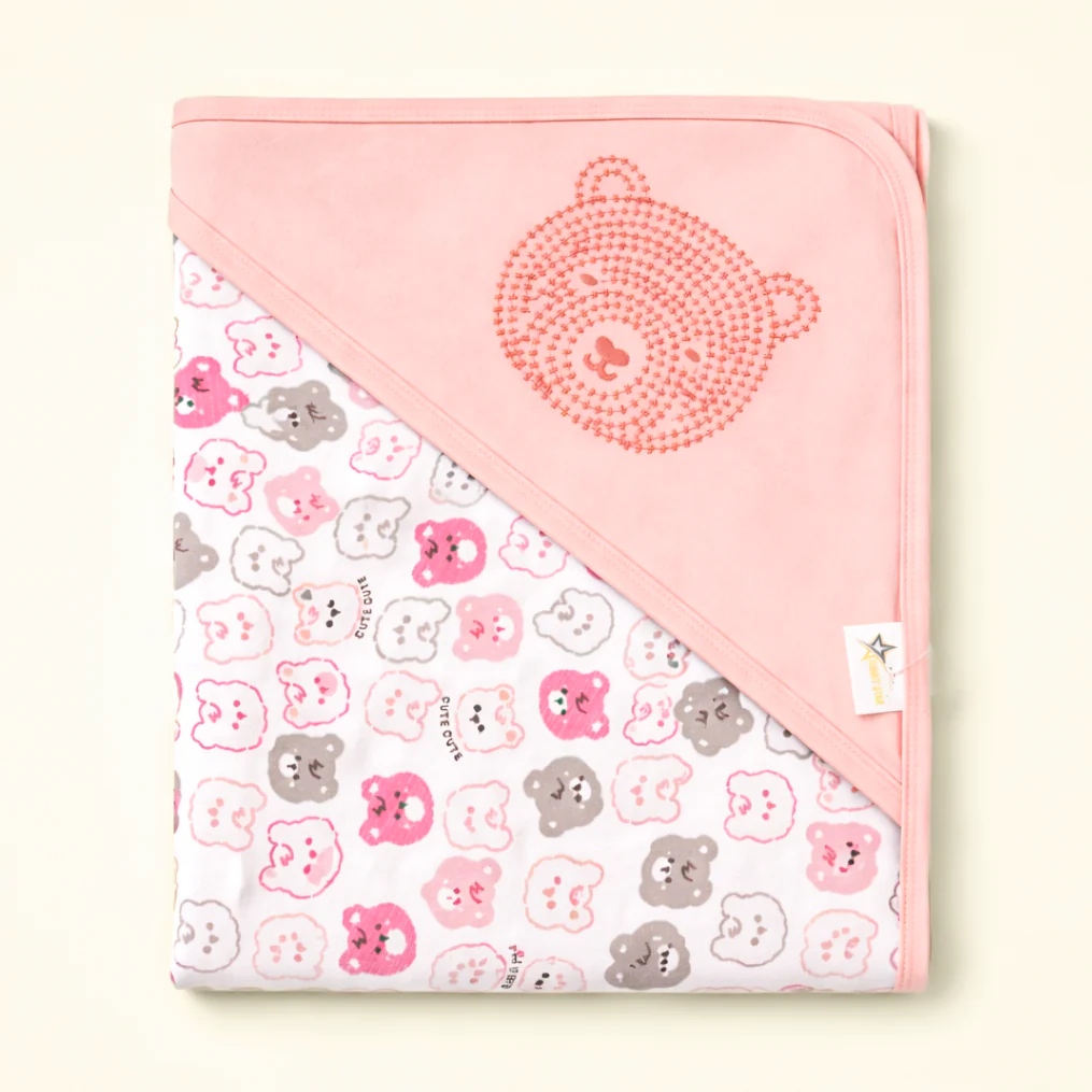 Baby Hooded Wrapping Sheet Bear Pink (34 X 36In) - Sunshine