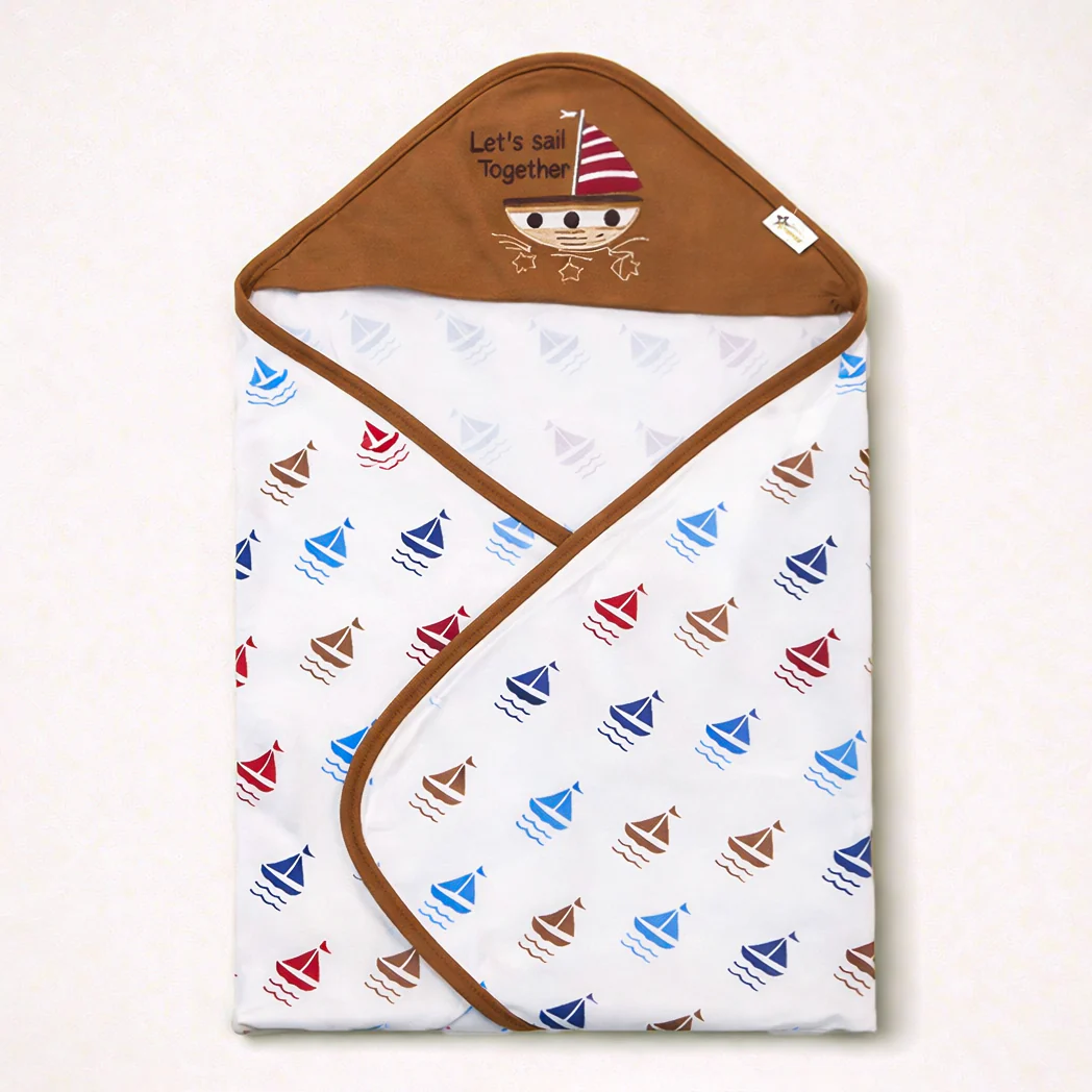 Baby Hooded Wrapping Sheet Boats Brown - Sunshine