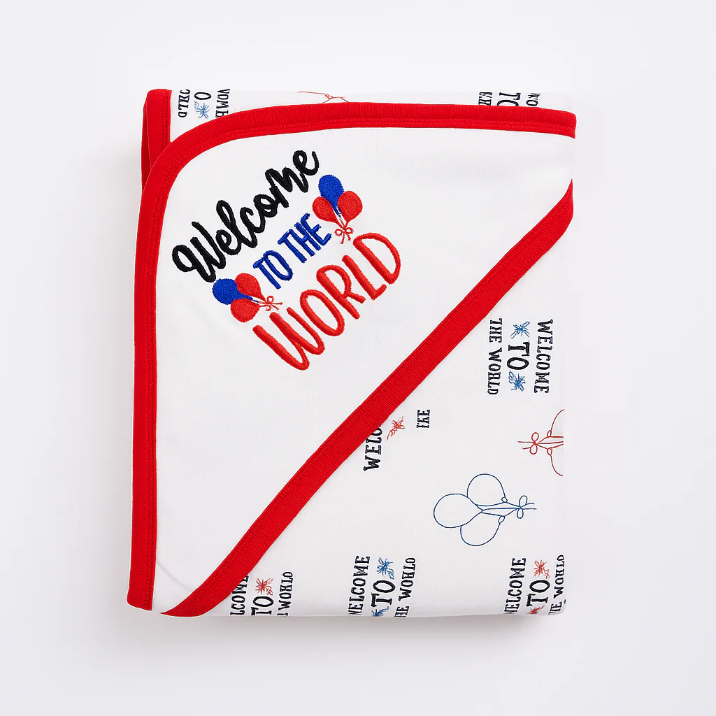 Baby Hooded Wrapping Sheet Welcome To The World Red - Oolaa