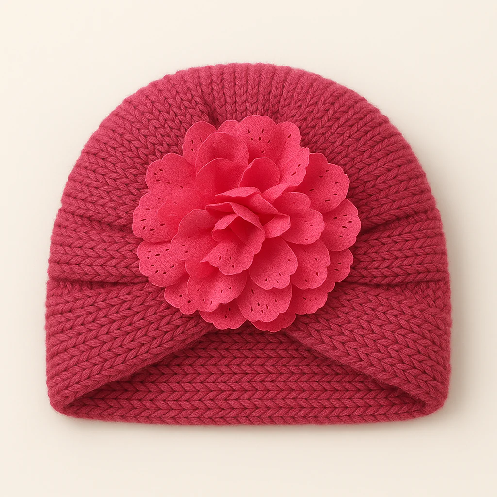 Baby Kitted Woolen Cap Flower Peach - Sunshine