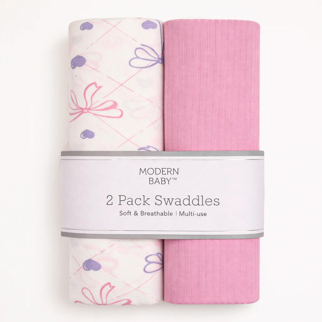 Baby Pack Of 2 Breathable Swaddle Set Bow & Heart Pink - Topse