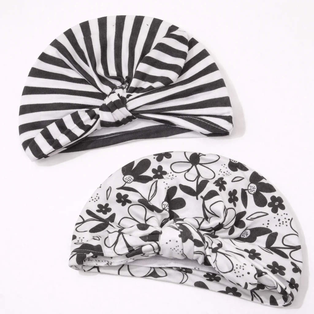 Baby Pack Of 2 Cotton Turban Cap Set Flowers Grey - Sunshine