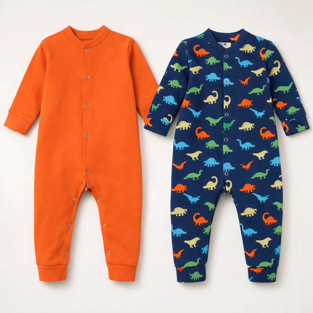 Baby Pack Of 2 Full Body Cotton Sleepsuit Dino Orange & Navy Blue - Oolaa