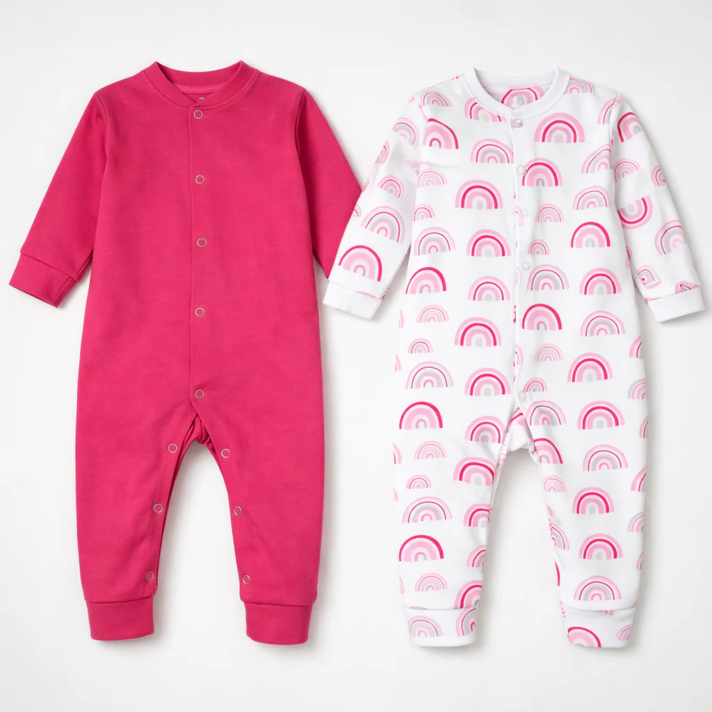 Baby Pack Of 2 Full Body Cotton Sleepsuit Rainbow Dark Pink - Oolaa