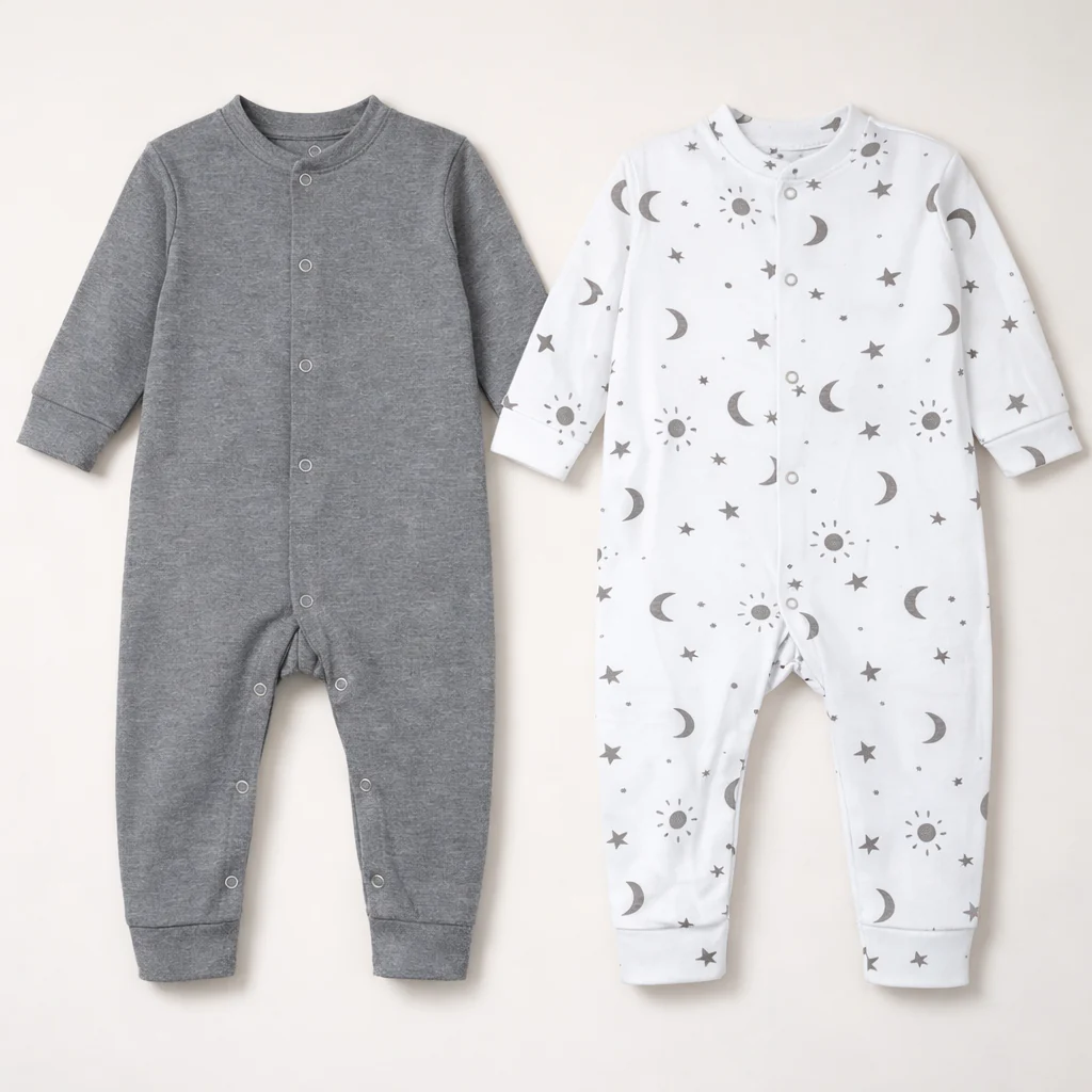 Baby Pack Of 2 Full Body Cotton Sleepsuit Star & Moon Grey - Oolaa