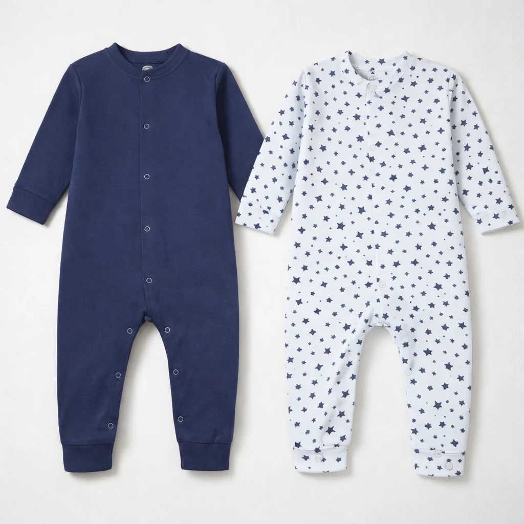 Baby Pack Of 2 Full Body Cotton Sleepsuit Stars Navy Blue - Oolaa