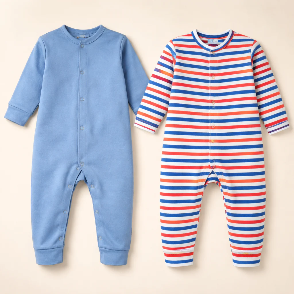 Baby Pack Of 2 Full Body Cotton Sleepsuit Stripes Blue - Oolaa