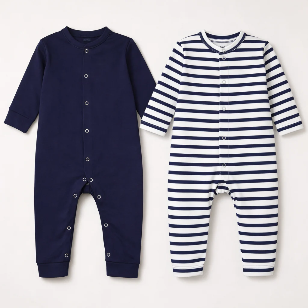 Baby Pack Of 2 Full Body Cotton Sleepsuit Stripes Navy Blue - Oolaa