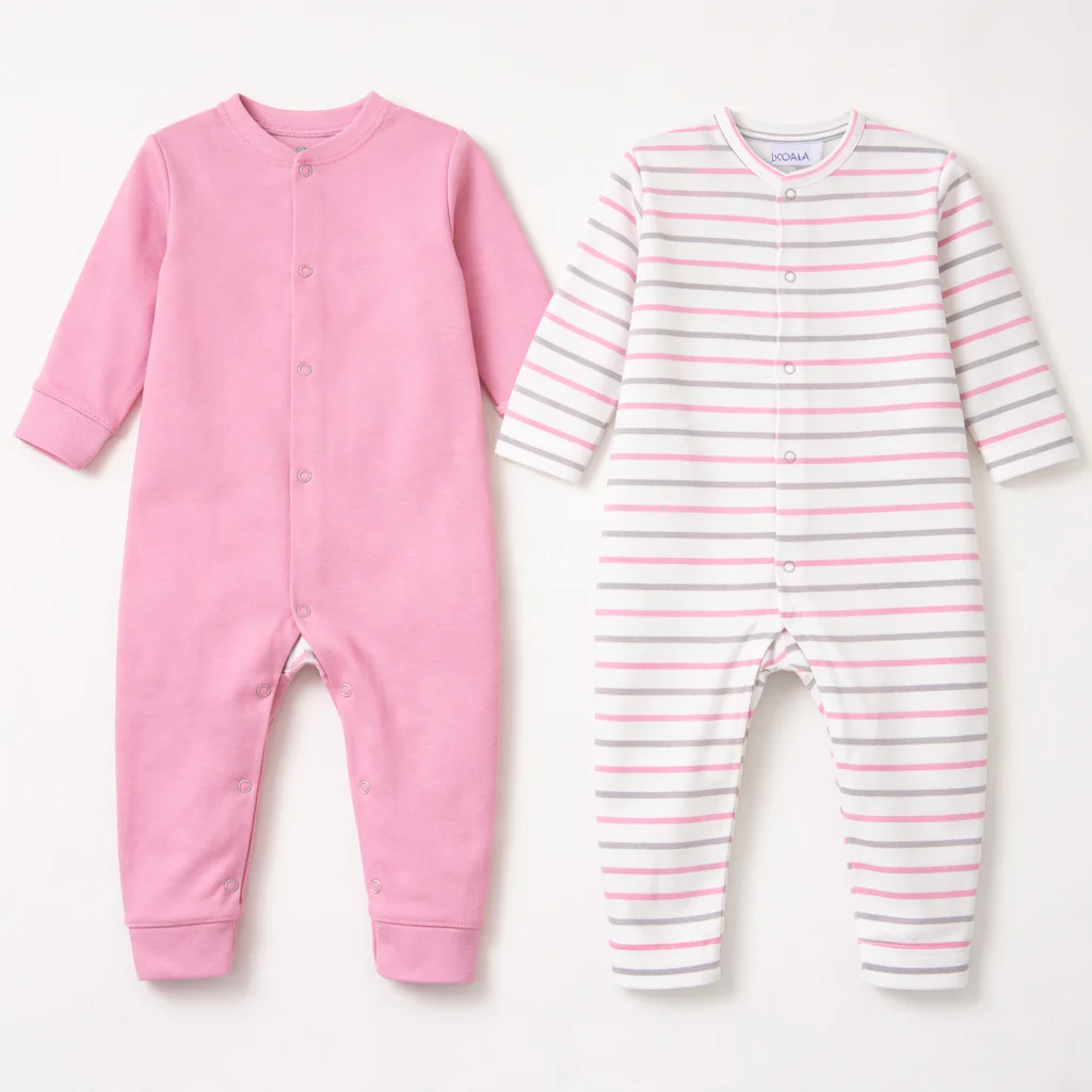 Baby Pack Of 2 Full Body Cotton Sleepsuit Stripes Pink - Oolaa