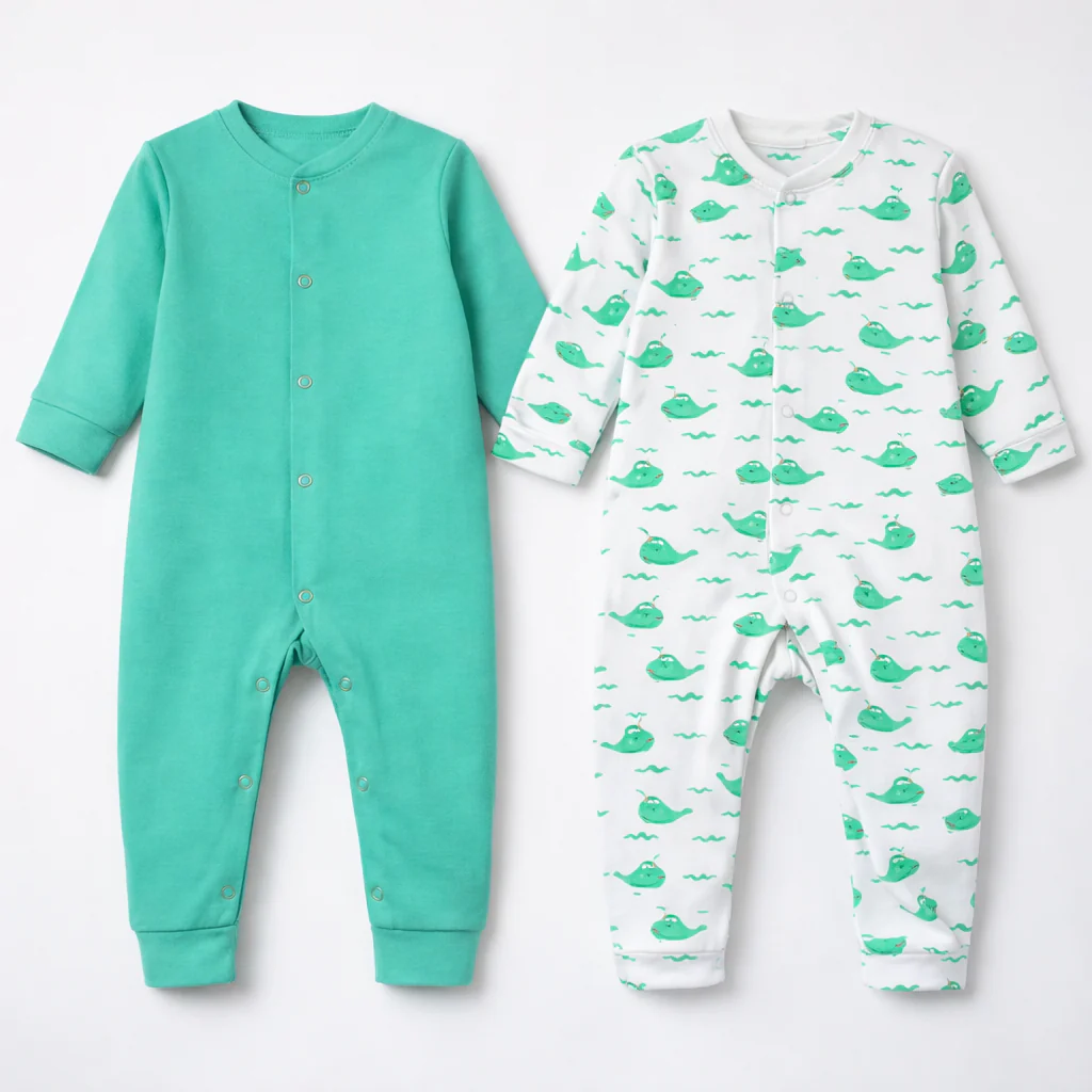 Baby Pack Of 2 Full Body Cotton Sleepsuit Whales Sea Green - Oolaa